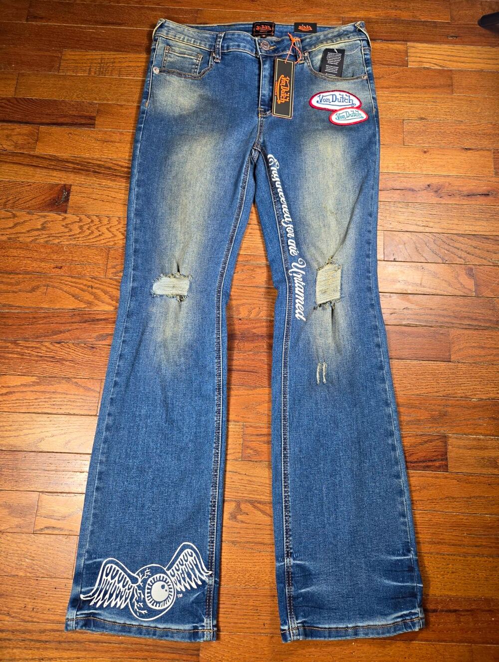 Von Dutch Jeans Womens 30 NWT Y2K Flare Distressed Logo Graphic Embroidered
